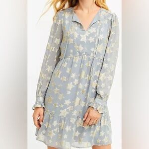 LOFT tiered shimmer gold star long sleeve dress NWT